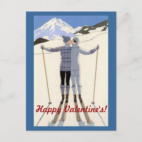 Kissing skiers couple _ Happy Valentines Holiday Postcard