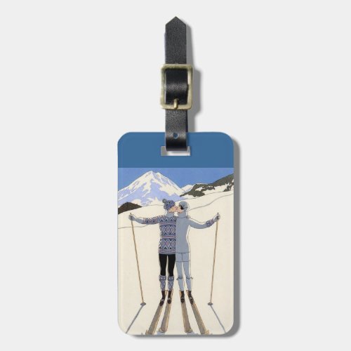 kissing skiers _ vintage travel poster luggage tag