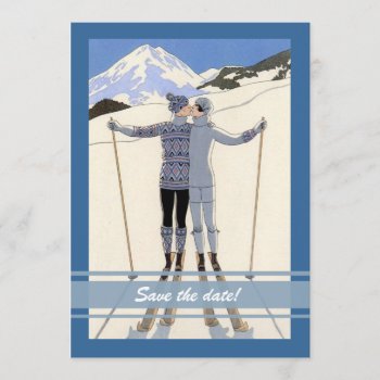 Kissing Skiers - Winter Save The Date Announcement by justbecauseiloveyou at Zazzle