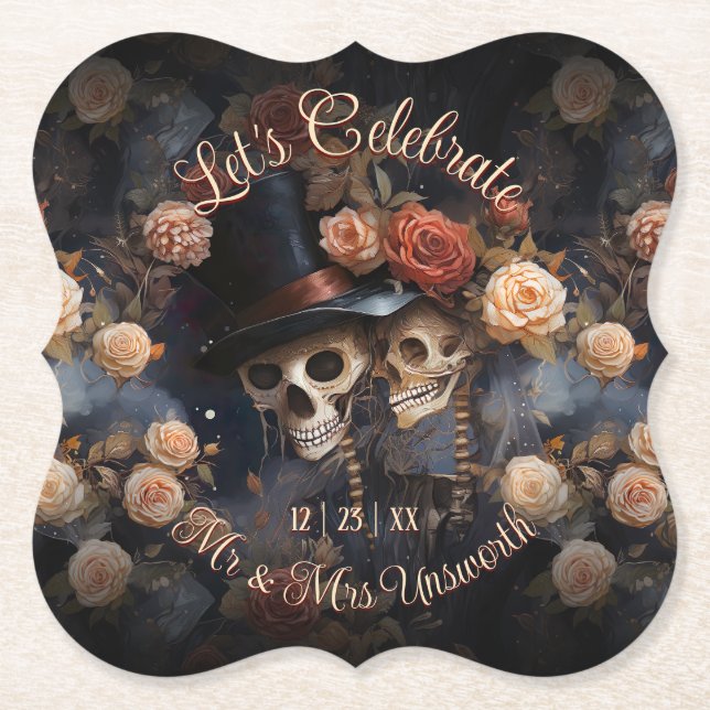 Kissing Skulls Let's Celebrate Gothic Wedding Paper Coaster (Front)