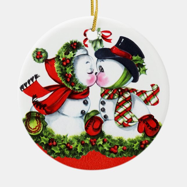 Kissing Snowman Couple Ceramic Ornament (Front)