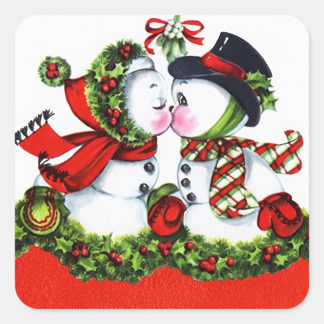 Kissing Snowman Couple Square Sticker (Front)