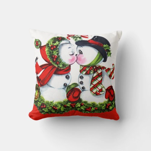 Kissing Snowman Couple Throw Pillow