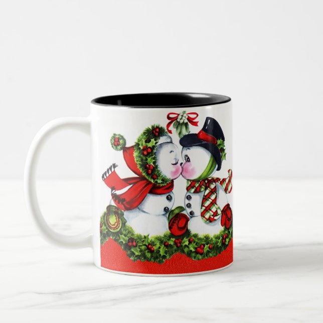 Kissing Snowman Couple Two-Tone Coffee Mug (Left)