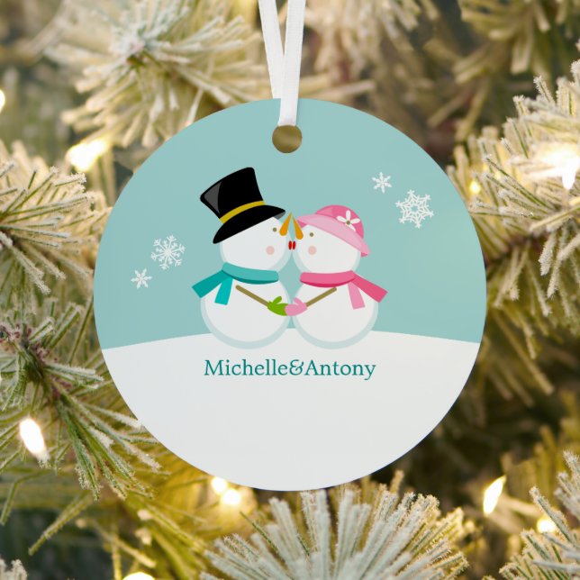 Kissing Snowmen Christmas Metal Ornament (Insitu)
