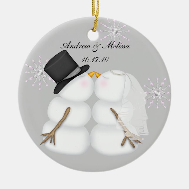 Kissing Snowmen Married Our First Christmas Ceramic Ornament (Front)