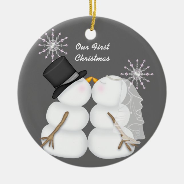 Kissing Snowmen Married Our First Christmas Ceramic Ornament (Front)