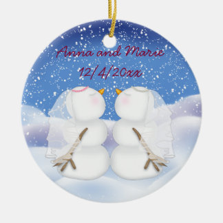 Kissing Snowmen two Brides Ceramic Ornament