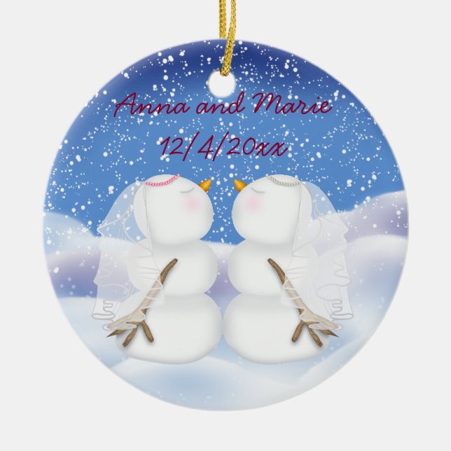 Kissing Snowmen two Brides Ceramic Ornament (Front)