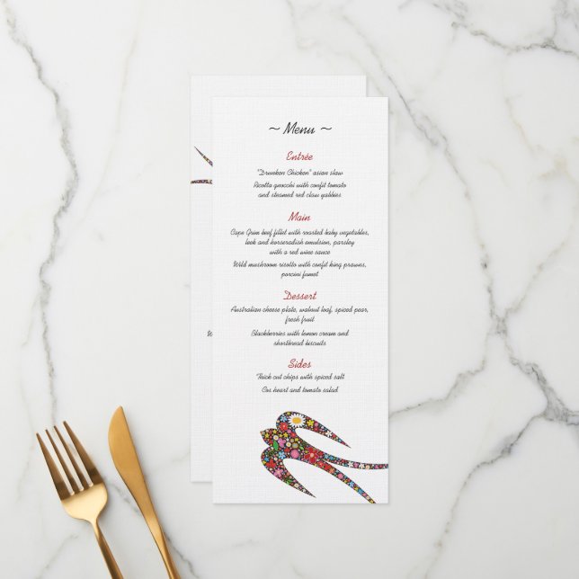 Kissing Swallows & Colorful Spring Flowers Wedding Menu (Front/Back In Situ)