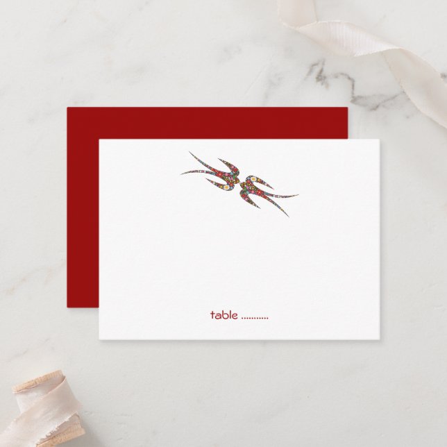 Kissing Swallows & Colorful Spring Flowers Wedding Place Card (Front/Back In Situ)