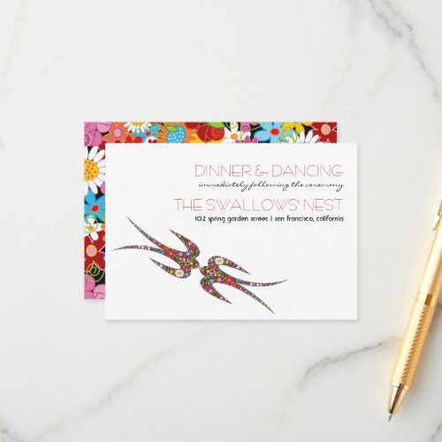 Kissing Swallows Spring Flowers Wedding Reception Enclosure Card
