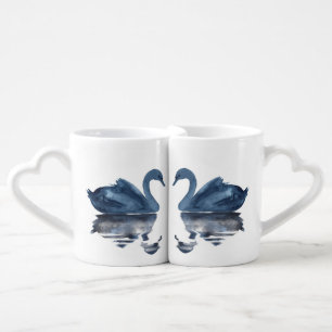 Kissing Swans   Dusty Blue Misty Lake Wedding Coffee Mug Set