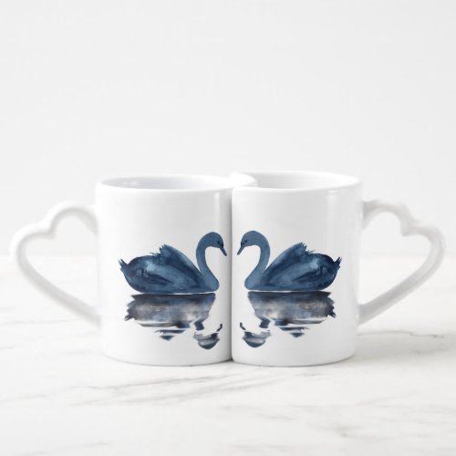 Kissing Swans  Dusty Blue Misty Lake Wedding Coffee Mug Set