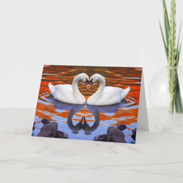 Kissing Swans in Love, Heart Shape Necks Card (Front)