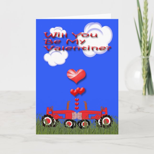 Kissing Tractors under Hearts Card (Front)