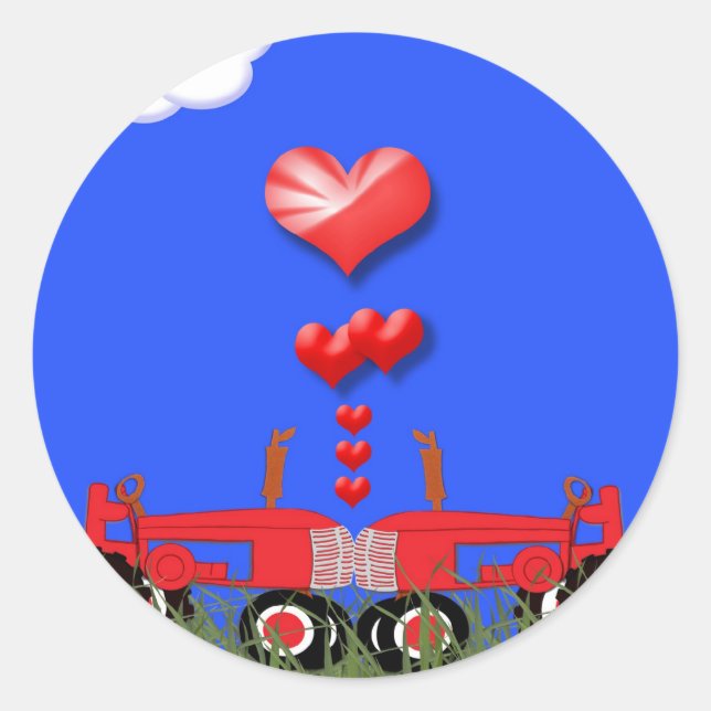 Kissing Tractors under Hearts Classic Round Sticker (Front)