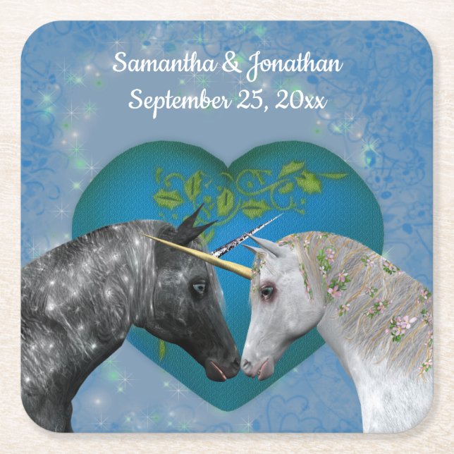 Kissing Unicorns Cute Personalized Wedding  Square Paper Coaster (Front)