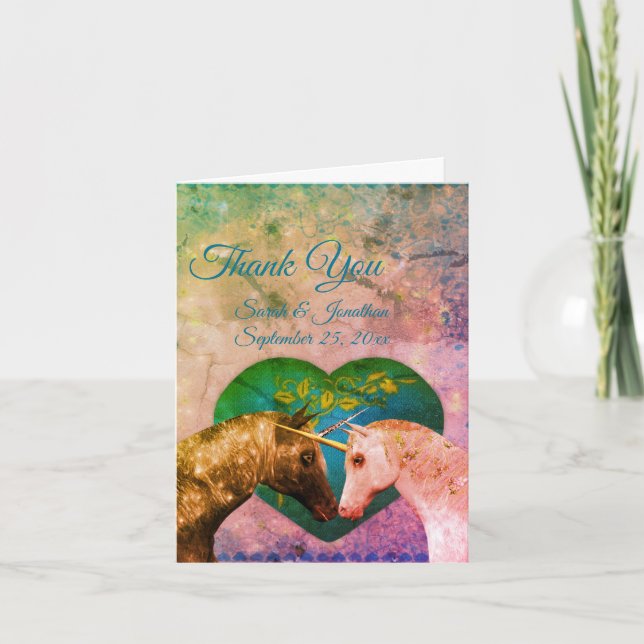 Kissing Unicorns Heart Wedding Personalized Thank You Card (Front)