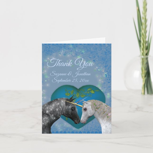 Kissing Unicorns Heart Wedding  Thank You Card (Front)