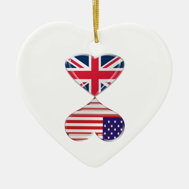 Kissing USA and UK Hearts Flags Art Ceramic Ornament (Front)