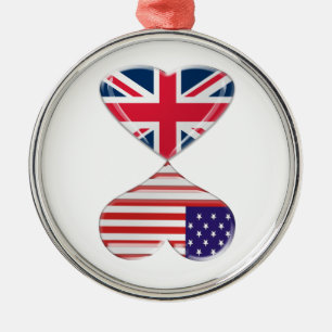 Kissing USA and UK Hearts Flags Art Metal Ornament
