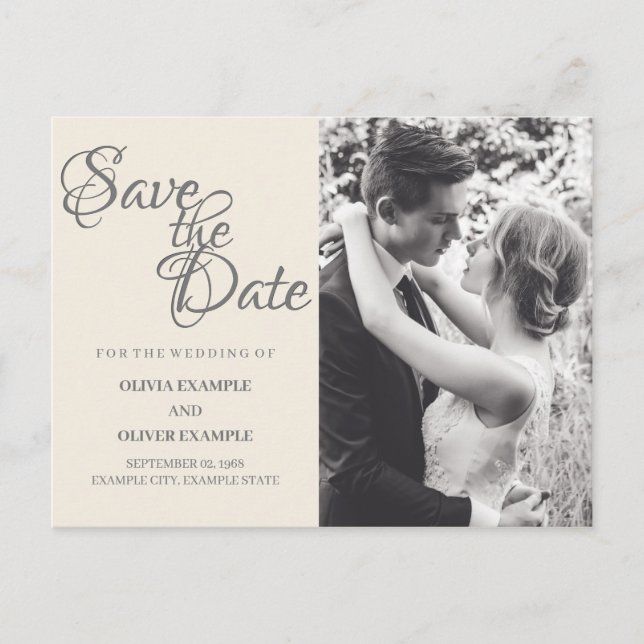 Kissing wedding couple in monochrome announcement postcard (Front)