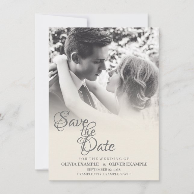 Kissing wedding couple in monochrome save the date (Front)