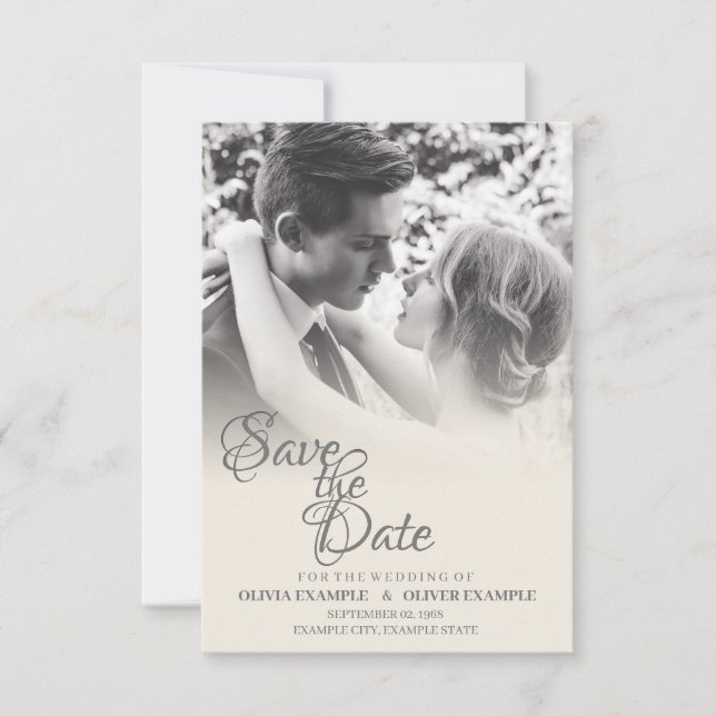Kissing wedding couple in monochrome save the date (Front)