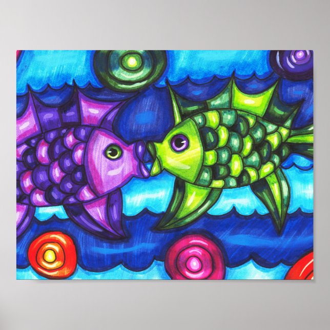 Kissy Fish whimsical colorful ocean animal art Poster (Front)