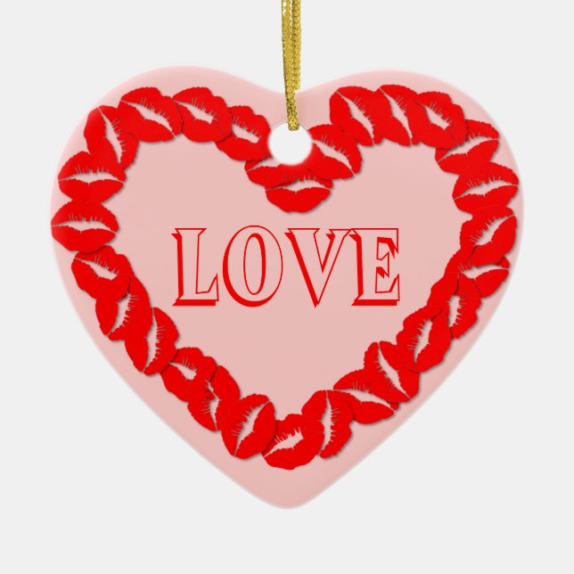 Kissy Lips Heart Ceramic Ornament (Front)