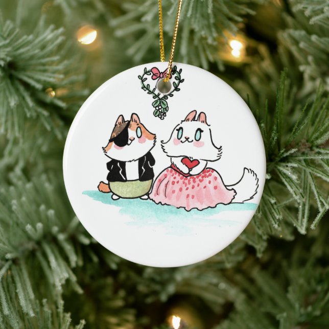 Kit and Angora under the mistletoe Ceramic Ornament (Tree)