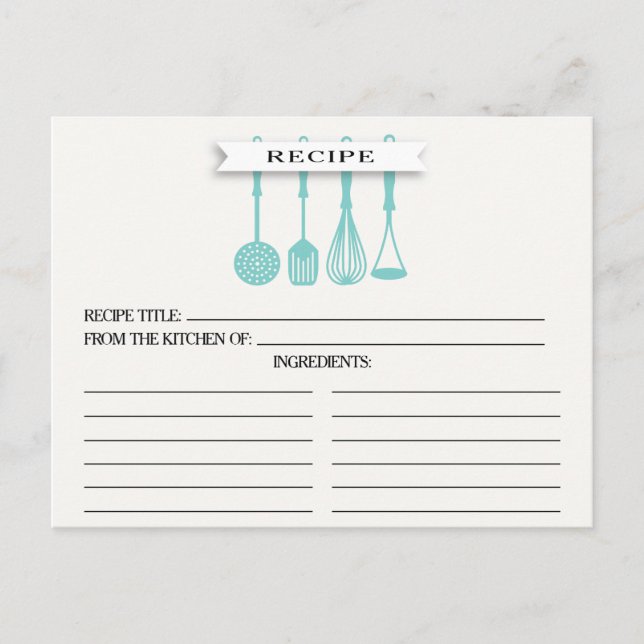 Kitchen Blue Utensils Bridal Shower Recipe Cards (Front)