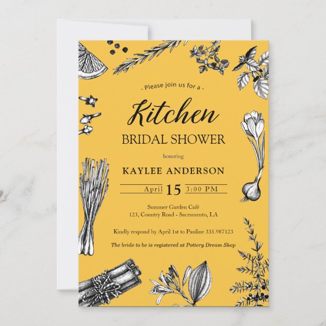 Kitchen Bridal Shower herbs spices Yellow Invitation (Front)