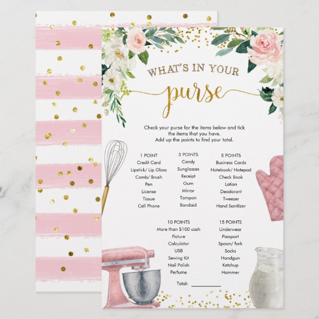 Kitchen Bridal Shower What's in Your Purse Games (Front/Back)