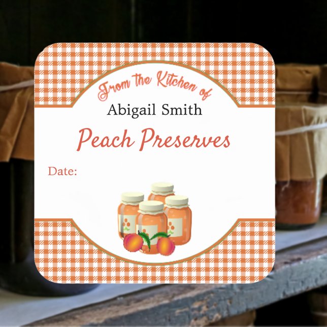 Kitchen Canning Peach Gingham Square Sticker (Creator Uploaded)