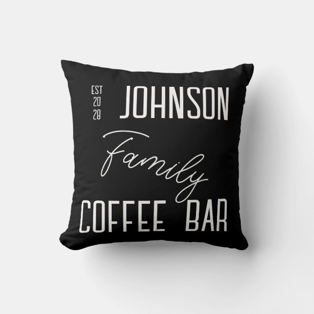 Kitchen Coffee Bar Family Name Black and White Throw Pillow (Front)