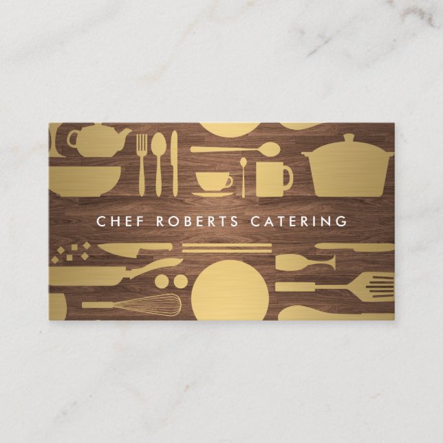 Kitchen Collage in Faux Gold and Woodgrain Business Card (Front)