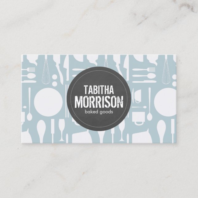 Kitchen Collage on Blue with Gray Logo Business Card (Front)