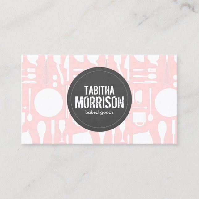 Kitchen Collage on Pink with Gray Logo Business Card (Front)