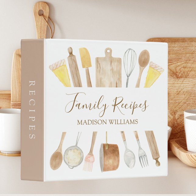 Kitchen Cooking Utensils Family Recipe Cookbook 3 Ring Binder (In situ)