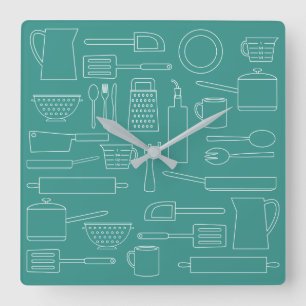 Kitchen Cooking Utensils Theme Teal Kitchen Clock