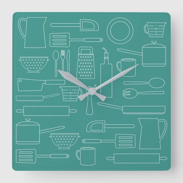 Kitchen Cooking Utensils Theme Teal Kitchen Clock (Front)
