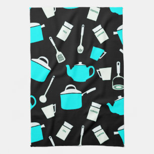 Kitchen Cookware   Black White & Turquoise Towel