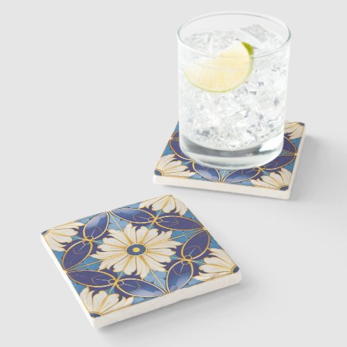 Kitchen Counter Barware Art Deco Gold Blue Floral  Stone Coaster