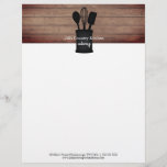 Kitchen Crock Rustic Wood Caterer Restaurant Food Letterhead<br><div class="desc">Illustration of kitchen crock with spoon,  whisk,  and spatula with custom white text.  Background is rustic wood plank.  Contact info at bottom.</div>