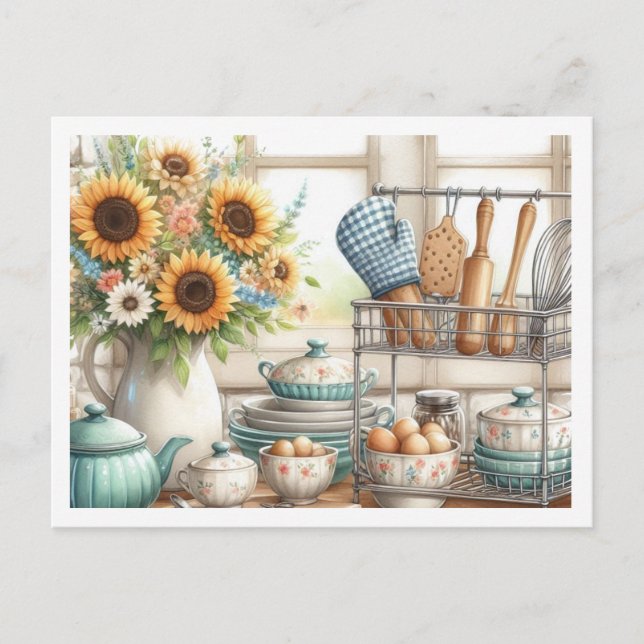 Kitchen Dishes Bakers Rack Blue Teapot  Postcard (Front)