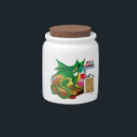 Kitchen Dragon Candy Jar<br><div class="desc">A small green dragon sits on a wooden cutting board on a kitchen counter top. Baked goods are all around. Cookies, muffins, cupcakes and cherries.</div>