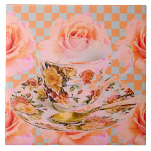 KITCHEN DREAM-TEA ROSES & GOLD TEACUP TILE