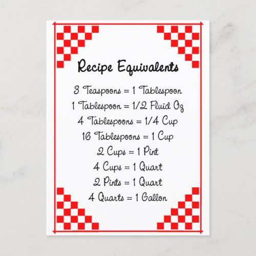 Kitchen Equivalents Red Checked Recipe Card